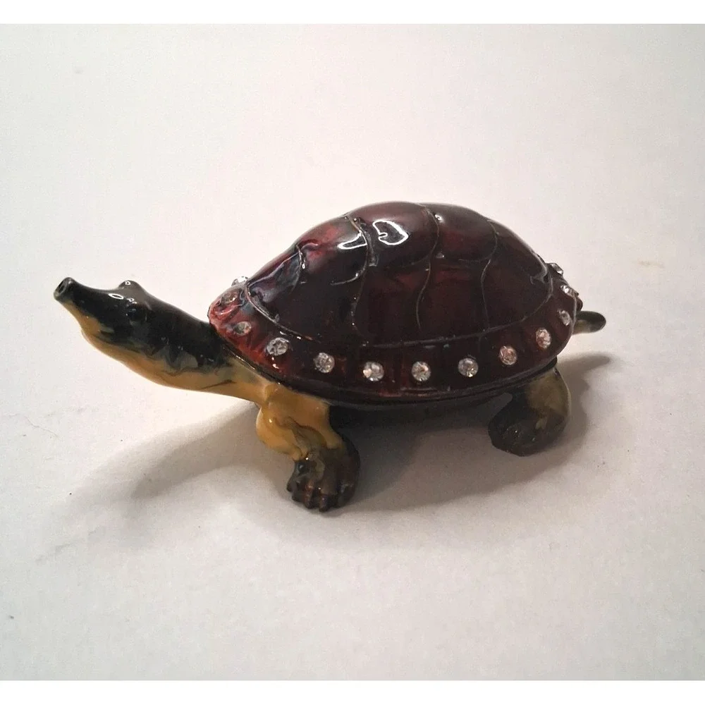 Metal Brass Enameled Turtle Trinket Box with Rhinestones Hinged Shell Lid Nice!